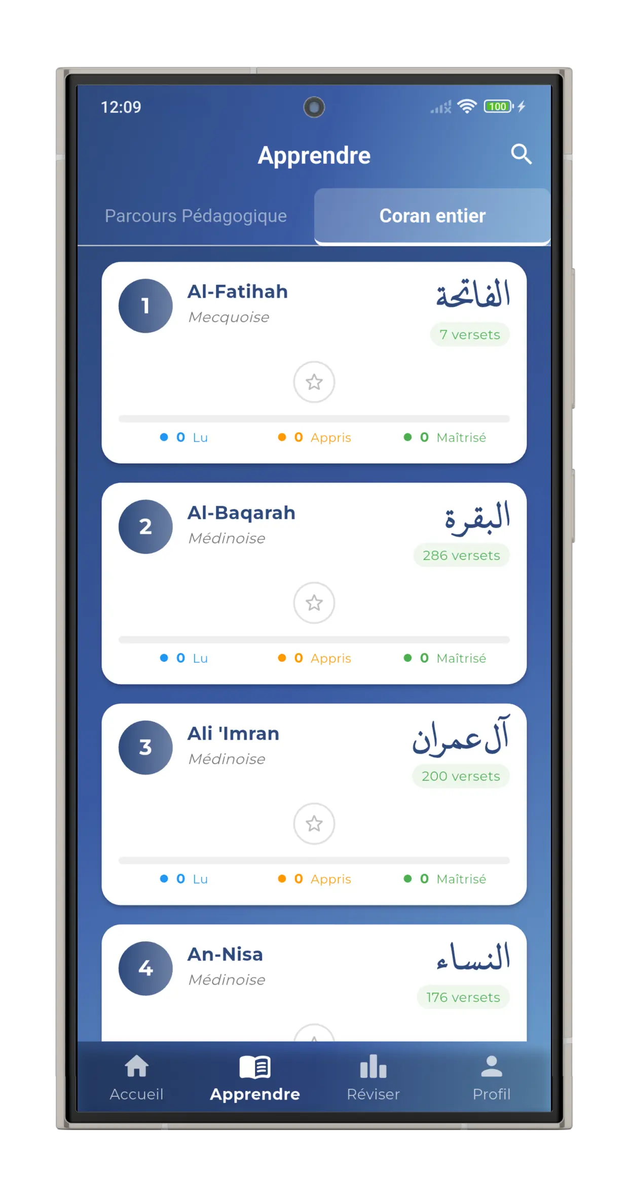 Liste des 114 sourates dans l'application Ayatika avec suivi de progression
